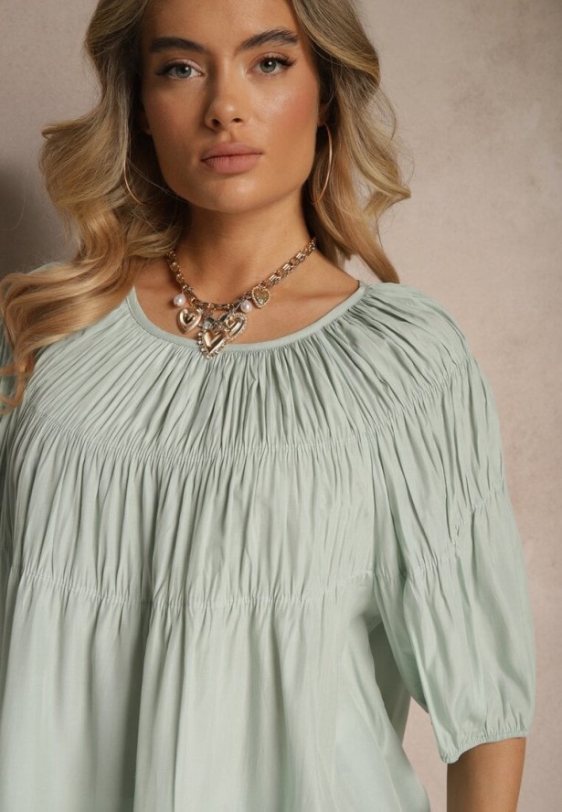 Miętowa Bluzka z Wiskozą o Fasonie Oversize z Gumkami w Ramionach Alirona