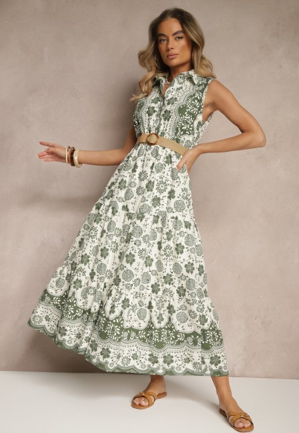 Zielona Koszulowa Sukienka Bez Rękawów z Bawełny z Paskiem z Klamrą Mirasitia