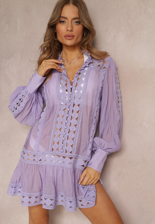 Fioletowa Koronkowa Tunika Pudełkowa z Falbaną Nawal