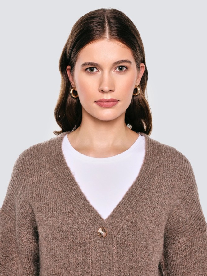 Kardigan damski z dodatkiem wełny brązowy Kardila 804