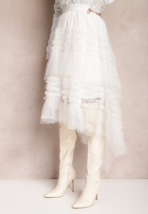 Biała Spódnica Rozkloszowana z Falbankami i Siateczką Solowai