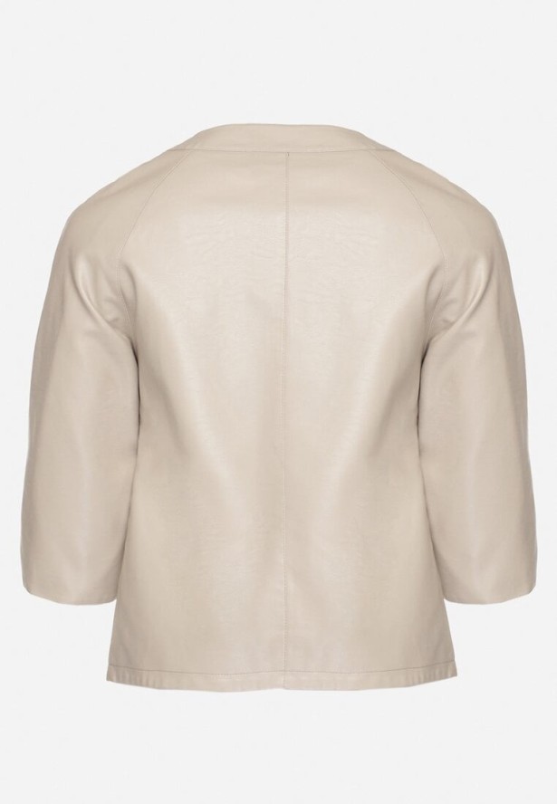 Beżowa Gładka Kurtka Ramoneska z Rękawem 3/4 Mirseli