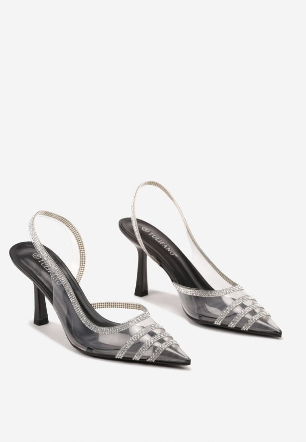 Czarne Sandały Transparentne z Cyrkoniami na Obcasie Typu Szpilka Felinira