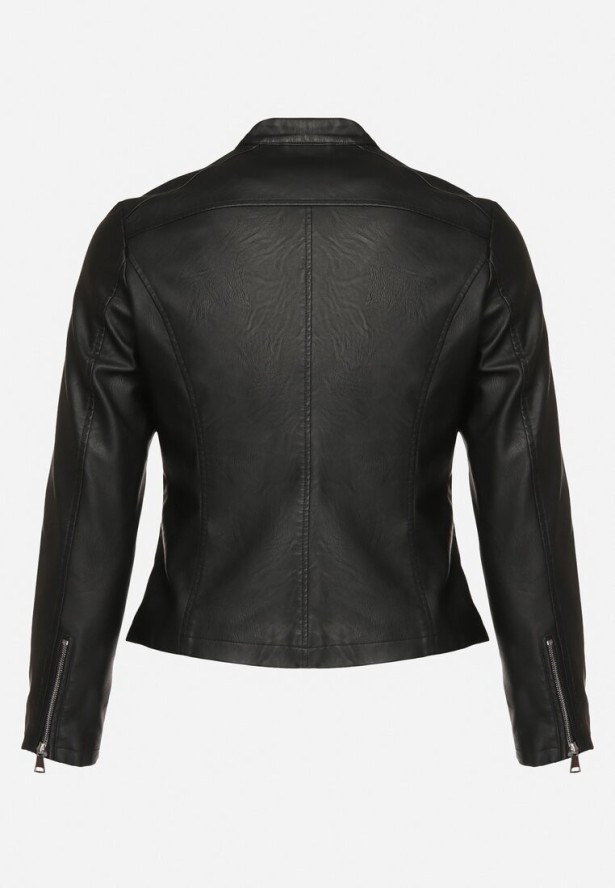 Czarna Kurtka Ramoneska Ozdobiona Paskiem pod Szyją Milvezia