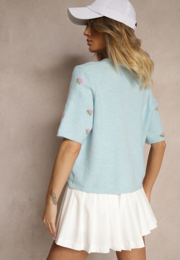 Niebieski Wzorzysty Sweter Kardigan z Krótkim Rękawem z Dodatkiem Wełny Korivelle