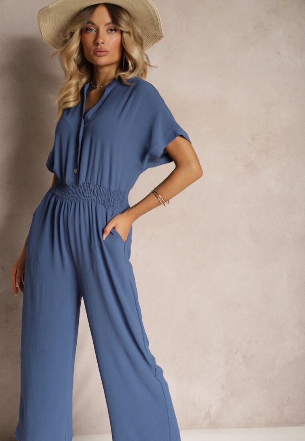 Granatowy Taliowany Kombinezon z Wiskozy Zapinany na Guziki Frisea