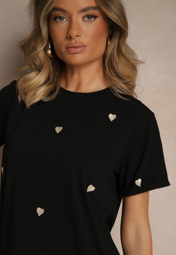 Czarny Bawełniany T-shirt z Motywem Serc Aramiraa