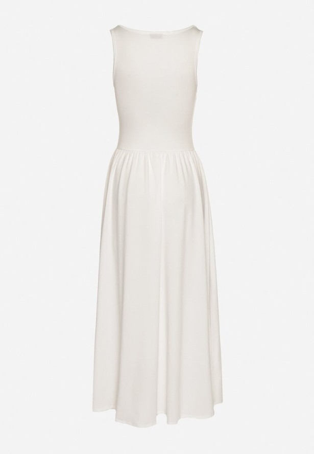 Biała Sukienka z Wiskozą o Rozkloszowanym Kroju z Kwadratowym Dekoltem Tilvia