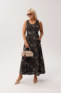 Elegancka sukienka Sevilla Black MAXI bez rękawów, z kieszeniami i kwiatowym printem PLUS SIZE WIOSNA LATO