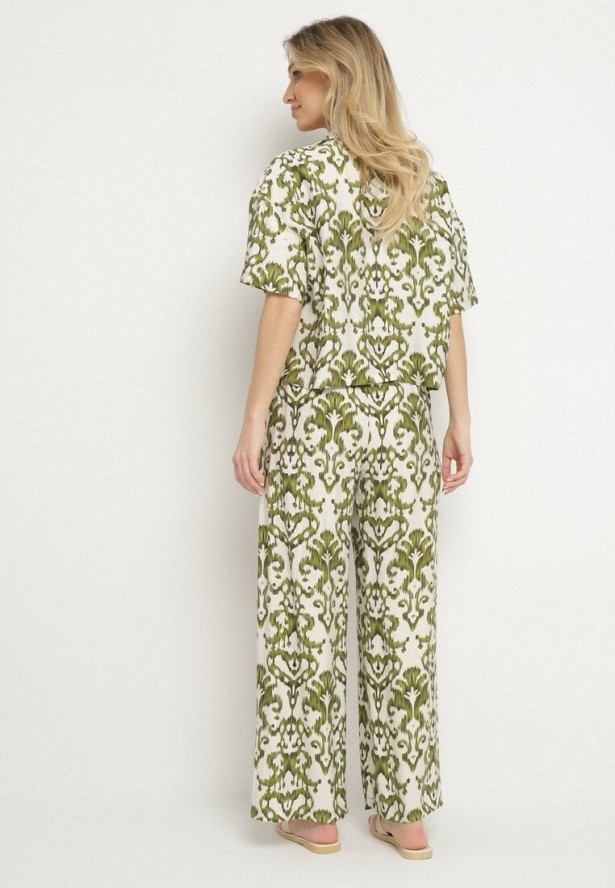 Ciemnozielony Komplet z Wiskozy w Ornamentalny Wzór Koszula i Spodnie Evialirae