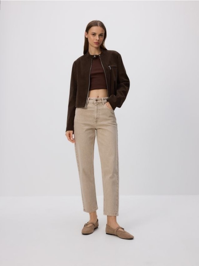 Krótka kurtka z imitacji zamszu - ciemnobrązowy