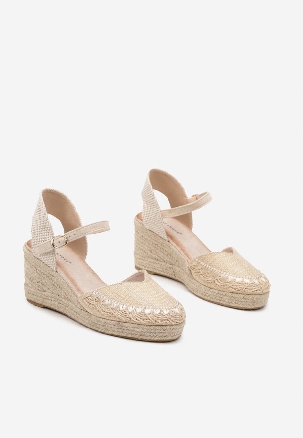 Beżowe Sandały w Stylu Espadryli na Koturnie Nanaris