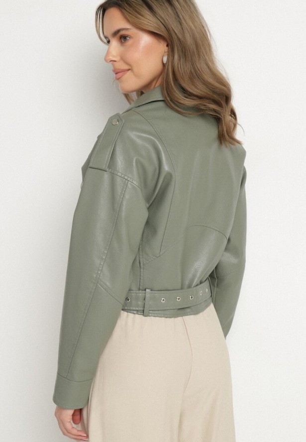 Jasnozielona Kurtka Ramoneska z Klamrami Sesariah