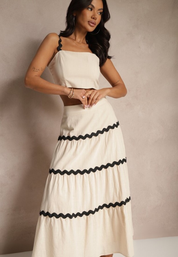 Beżowy Komplet z Bawełny Top na Ramiączkach i Spódnica Janoria