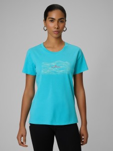 4F T-shirt regular z nadrukiem damski - turkusowy XS