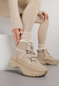 Ciemnobeżowe Śniegowce na Grubej Podeszwie z Geometrycznym Wzorem Alwedea