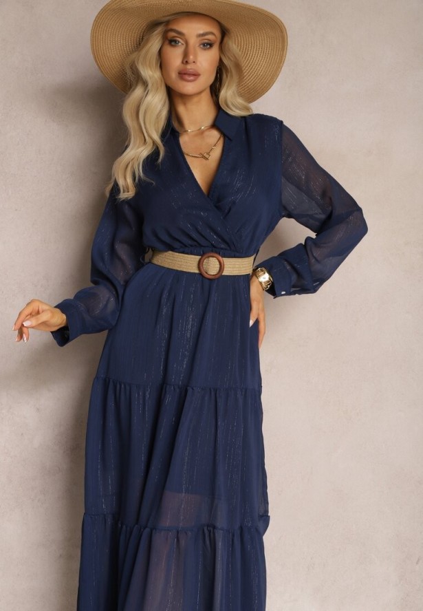 Granatowa Sukienka z Kopertowym Dekoltem i Plecionym Paskiem Velo