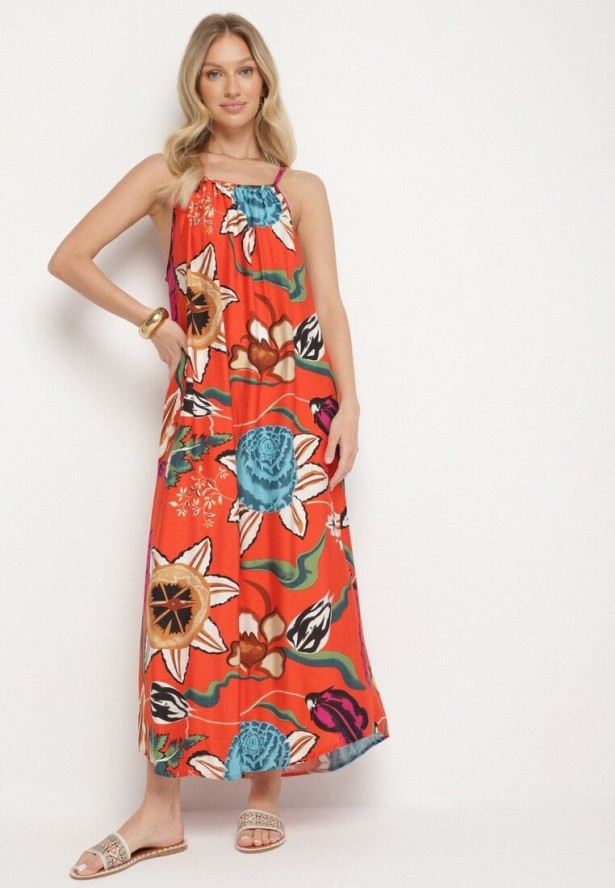 Czerwona Sukienka z Wiskozą i Lnem w Kwiaty Rinetia