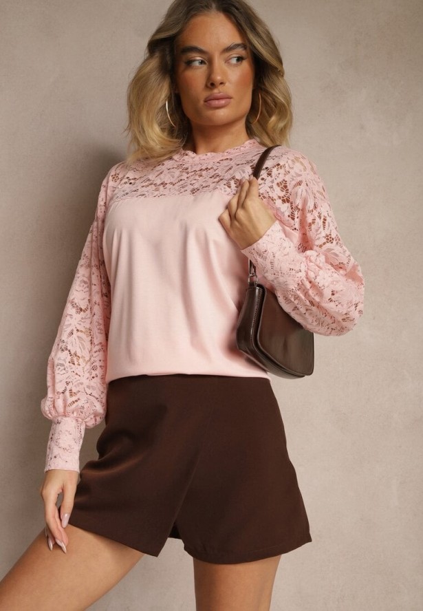 Jasnoróżowa Bluzka z Wiskozą z Koronką Eviriva