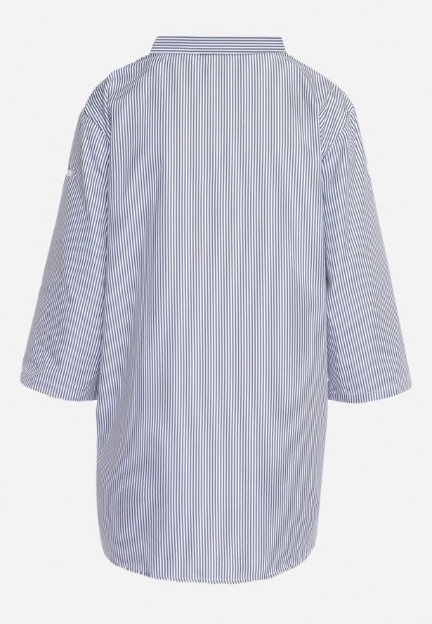 Granatowo-Biała Bawełniana Koszula w Paski z Guziczkami i Rękawem 3/4 Biurise