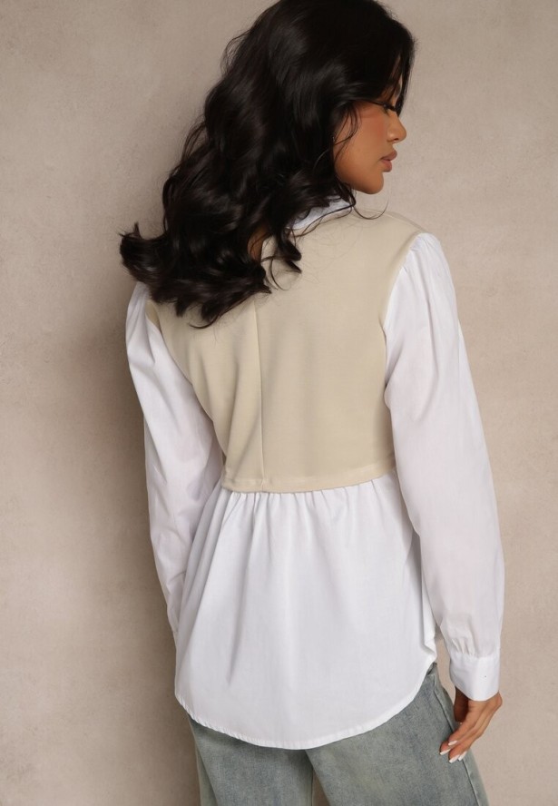 Beżowa Koszulowa Bluzka z Wiskozą o Rozkloszowanym Kroju z Wszytą Kamizelką Uliadorella