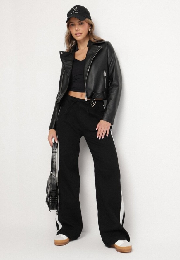 Czarna Kurtka w Stylu Ramoneski z Paskiem Hallisen