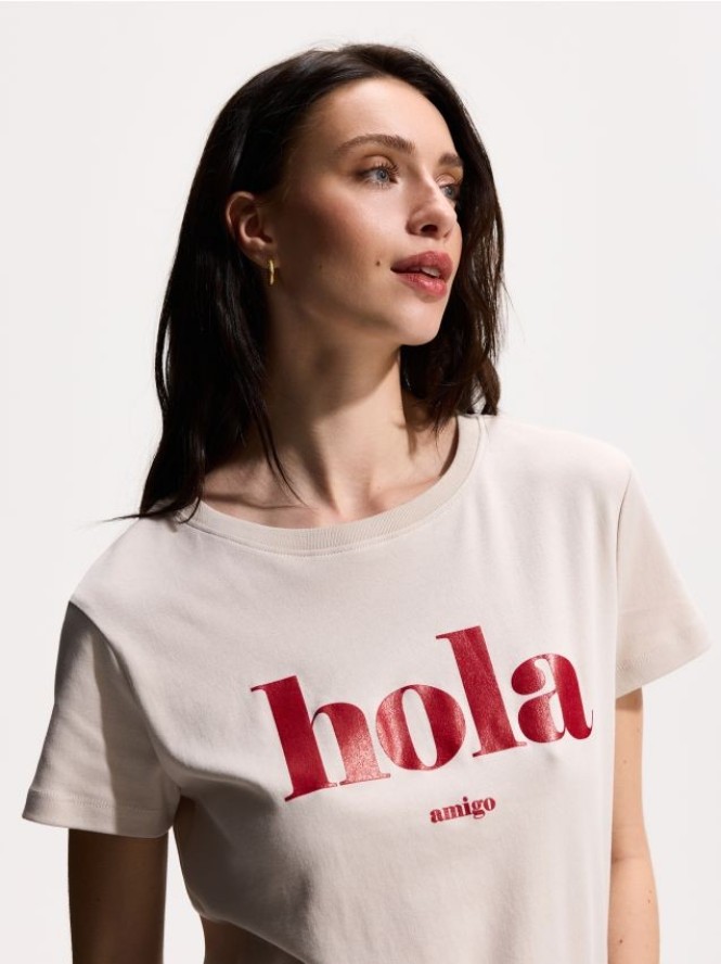 Bawełniany t-shirt z nadrukiem - beżowy