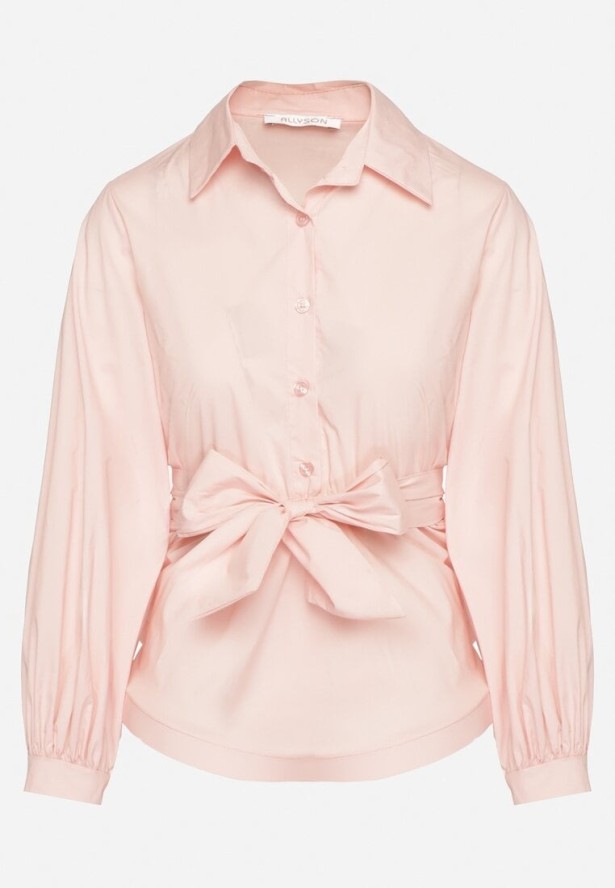 Różowa Koszula z Gumką w Talii z Materiałowym Paskiem Lanothia