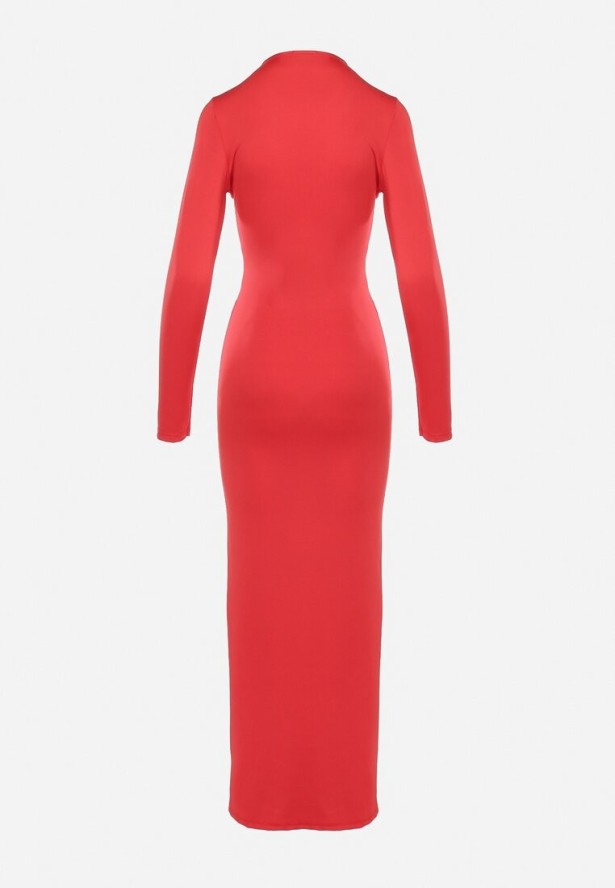 Czerwona Sukienka Koktajlowa z Ozdobnym Supełkiem i Rozcięciem Tefeti