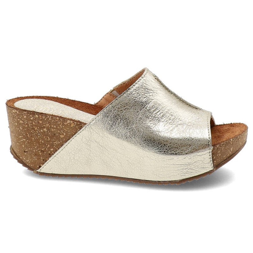 Złote Klapki Simen Wygodne Skórzane Buty Na Koturnie