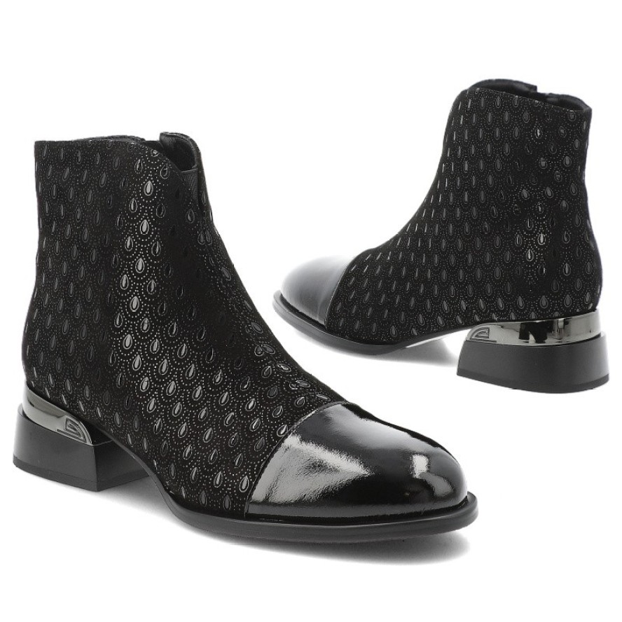 Botki damskie S. Barski, na stabilnym klocku i skórzaną cholewką we wzory, czarne, JC52-862