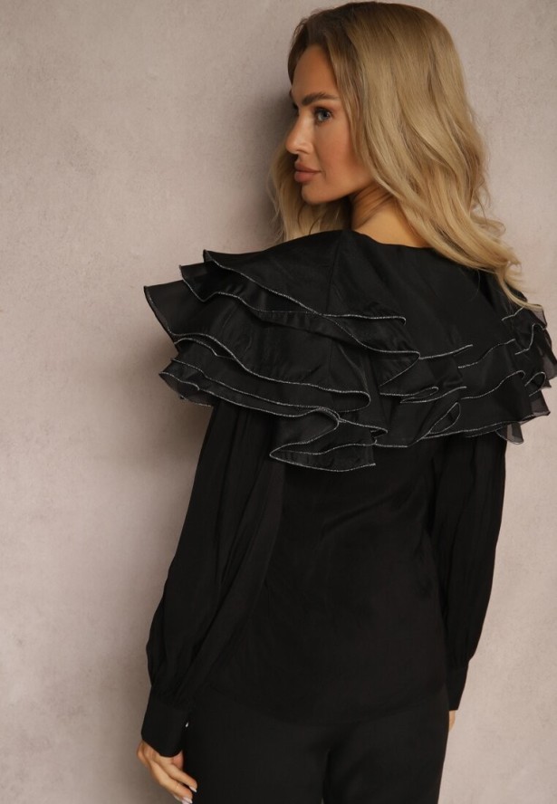 Czarna Wieczorowa Koszula z Ozdobnymi Falbanami i Guzikami Lerellia