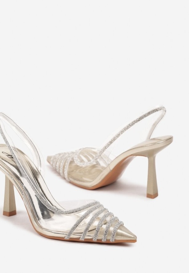 Złote Szpilki Transparentne z Noskiem w Szpic Zdobione Cyrkoniami Feloril