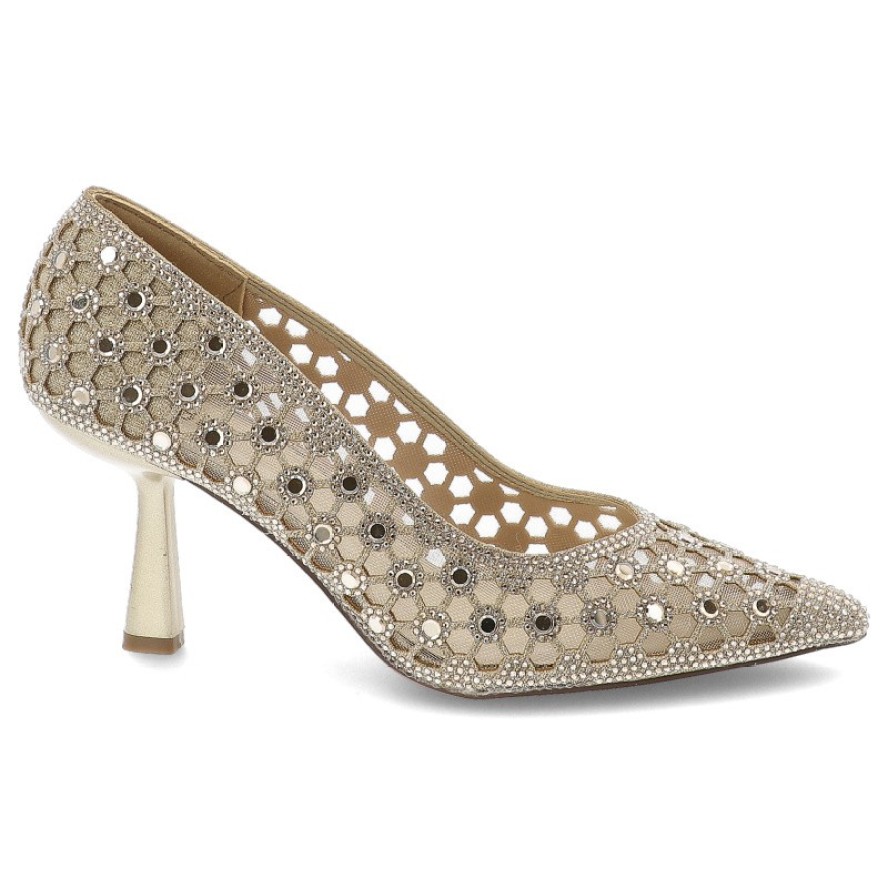 Czółenka damskie Menbur, cholewka z siateczkowym wykończeniem ażurowy wzór z dekoracyjnymi kryształkami i cyrkoniami szpiczasty nosek smukły wysoki o