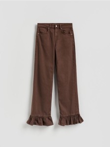 Jeansy wide leg z falbankami - brązowy