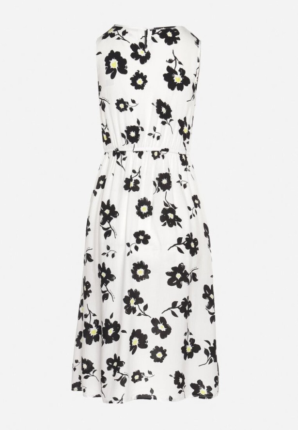 Biała Sukienka w Kwiaty o Rozkloszowanym Kroju na Szerokich Ramiączkach Naivoriel