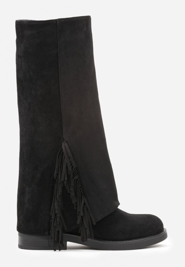 Czarne Kozaki Ozdobione Frędzlami i Wywiniętą Cholewką Reilevia