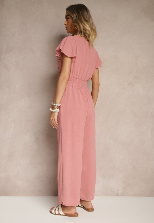 Różowy Kombinezon o Kopertowym Kroju z Gumką w Talii Martalia