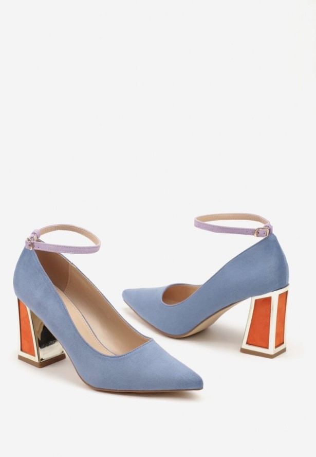 Niebieskie Czółenka na Słupku Ozdobione Paskiem i Metaliczną Aplikacją Lannethe