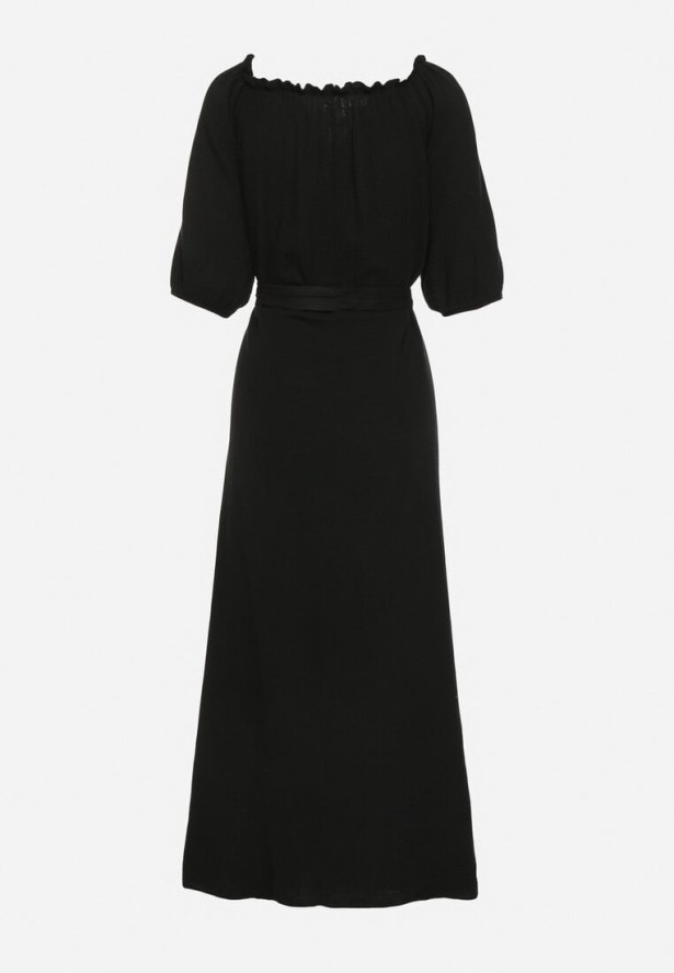 Czarna Trapezowa Muślinowa Sukienka z Bawełny z Paskiem i Gumką w Talii Vimarinn