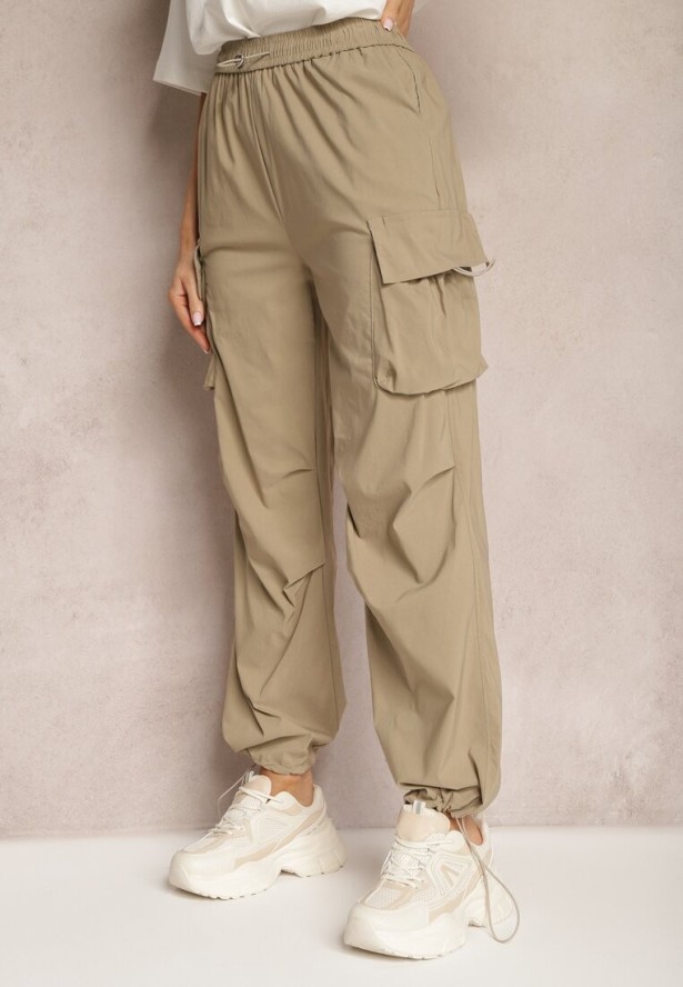 Beżowe Bojówki Spodnie ze Ściągaczami i Gumką w Talii z Kieszeniami po Bokach Laverina