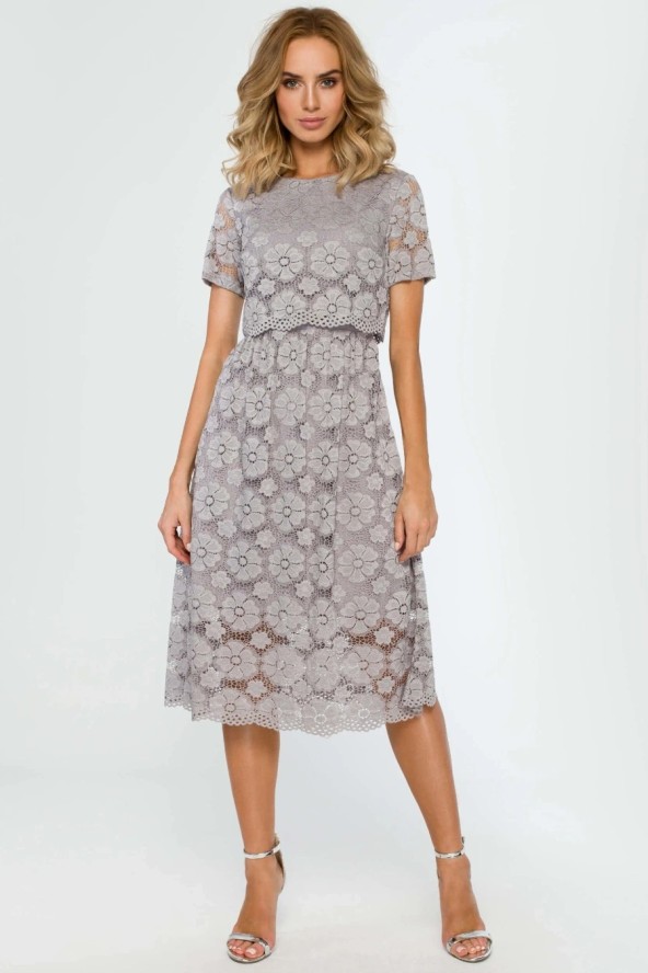 Sukienka na wesele koronkowa lekko rozkloszowana midi szara