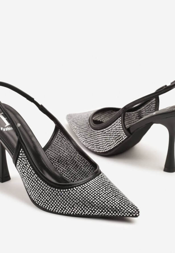 Czarne Sandały Szpilki Slingback z Noskiem w Szpic Zdobione Cyrkoniami Zenvia