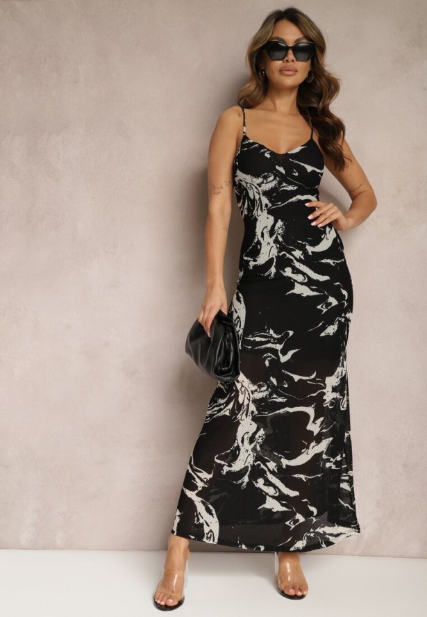 Czarna Długa Sukienka w Marmurkowy Wzór z Cienkimi Ramiączkami Grannia