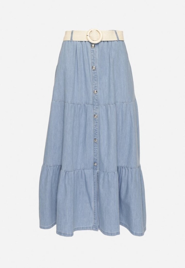 Niebieska Bawełniana Spódnica Jeansowa Rozkloszowana z Paskiem i Ozdobnymi Guzikami Natenelia