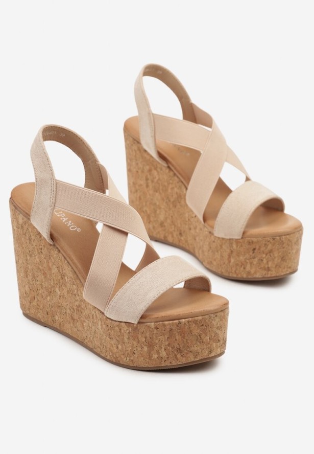 Beżowe Sandały na Korkowym Koturnie Fevire