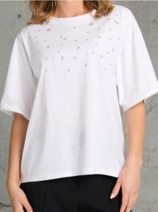 Bawełniana koszulka z ozdobnymi dżetami - biały