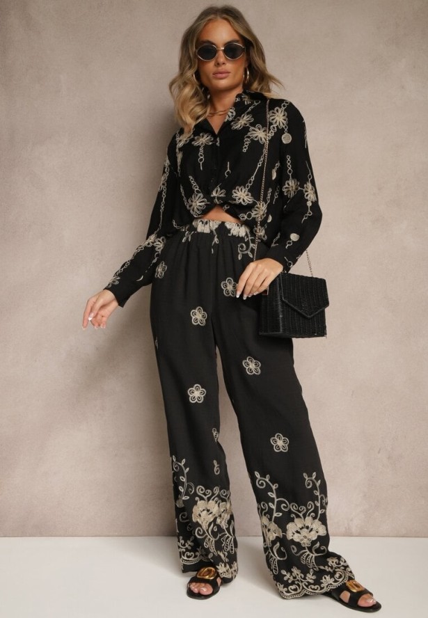 Czarny Komplet z Bawełny Koszula i Spodnie z Haftem z Metalicznymi Przeszyciami Banorea