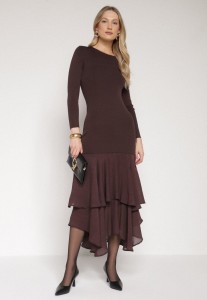 Brązowa Sukienka z Wiskozą o Dopasowanym Kroju z Falbanami u Dołu Vebmara