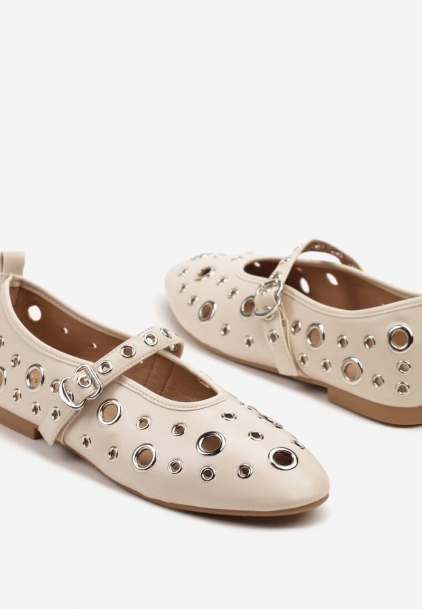 Beżowe Balerinki z Metalicznymi Ozdobami i Paskiem Eranissea